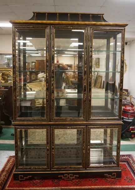 DREXEL ET CETRA CHINOISERIE DISPLAY CABINET: DREXEL ET CETRA CHINOISERIE DISPLAY CABINET, HAS LIGHTING TOP & BOTTOM, MIRROR BACK & ADJUSTABLE GLASS SHELVES TOP & BOTTOM, GLASS DOOR FRONTS ARE BEVELED, 55 IN WIDE X 84 IN HIGH INCLUDING THE PAGODA