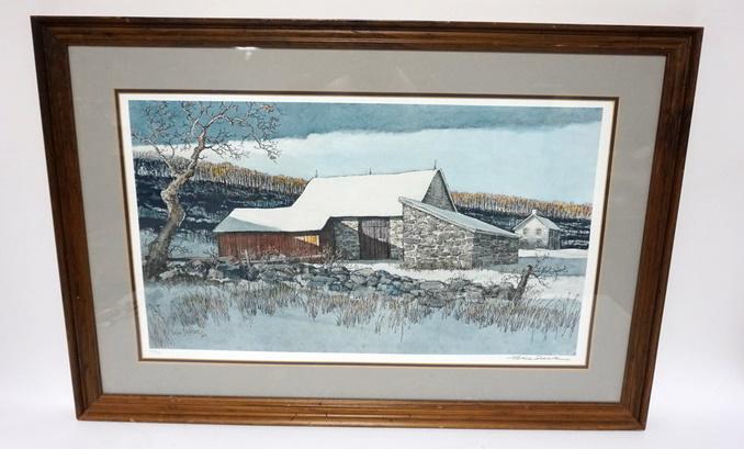 ERIC SLOANE SIGNED LIM ED LARGE FRAMED PRINT: ERIC SLOANE LARGE PRINT OF A WINTER BARN SCENE, SIGNED LIM ED NO 349 OF 490. OVERALL DIMENSIONS 3 FOOT X 2 FOOT 1 INCH