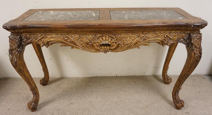 MARBLE INSET SOFA TABLE: MARBLE INSET SOFA TABLE WITH CARVING AND A DISTRESSED FINISH, 4 FOOT 9 IN WIDE X 33 IN HIGH X 20 IN DEEP