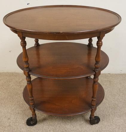 WALNUT OVAL 3 TIER SERVING CART: WALNUT OVAL 3 TIER SERVING CART, 26 IN WIDE X 20 IN DEEP X 29 IN HIGH