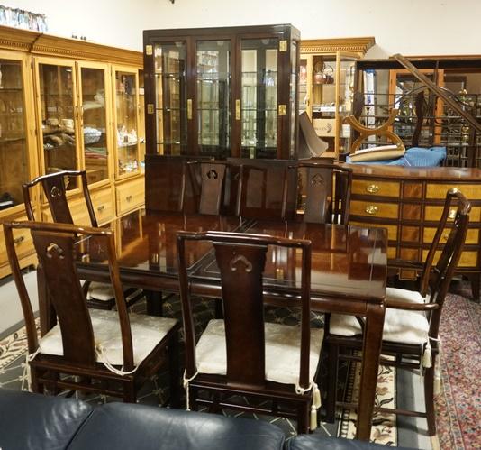 WHITE 8 PIECE DINING ROOM SET: WHITE 8 PIECE DINING ROOM SET, 6 CHAIRS, BEVELED GLASS CHINA & TABLE W/2 LEAVES, TABLE HAS GOUGES ON TOP, TABLE IS 62 IN X 40 IN CLOSED W/2-22 IN LEAVES, CHINA IS 48 IN WIDE X 79 IN HIGH X 16 IN DEEP