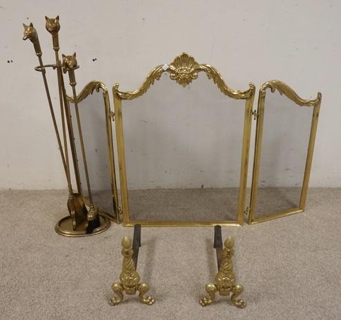 BRASS FIREPLACE SET: BRASS FIREPLACE SET; FOLDING SCREEN, PAIR OF ANDIRONS & THREE TOOLS IN HOLDER W/ FOX HEAD HANDLES