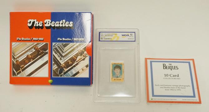 LOT OF BEATLES ITEMS; CDS, STAMP & CARDS: LOT OF BEATLES ITEMS; THE RED ALBUM & BLUE ALBUM CD SET, 10 CARD COLLECTORS SET (SEALED) & A GRADED HALLMARK PAUL MCCARTNEY STAMP