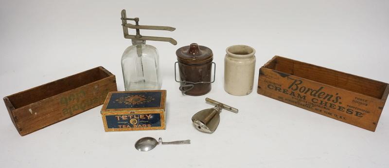 LOT W/ CHEEESE BOXES SMALL CROCKS ETC: LOT W/ CHEESE BOXES SMALL CROCKS, LOT ALSO INLUDES SPRAY BOTTLE GUINESS SPOON, TIN TEA BOX ETC.