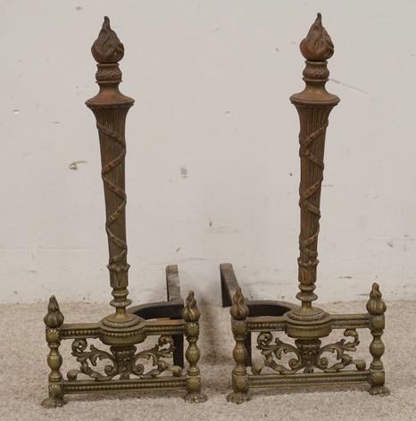 PAIR OF CLAW FOOT BRASS ANDIRONS: PAIR OF CLAW FOOT BRASS ANDIRONS W/ FLAME FINIALS 8 1/2 IN W 20 1/4 IN H 18 1/2 IN L