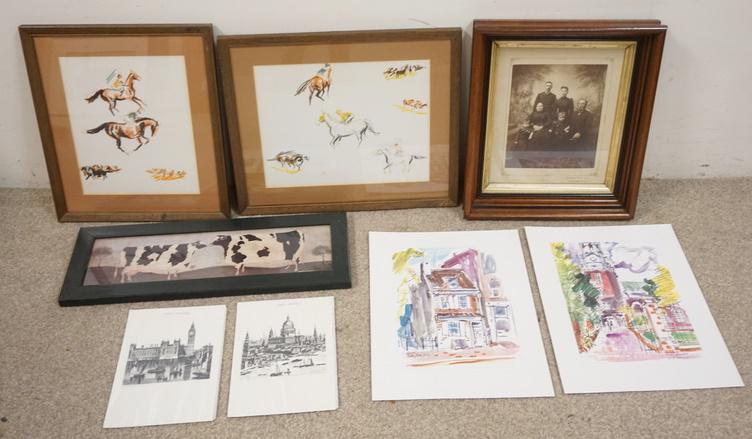 8 PIECE ARTWORK LOT FRAMED & UNFRAMED: EIGHT PIECCE ARTWORK LOT FRAMED/UNFRAMED. LOT INCLUDES VICORTIAN FAMILY IN ORIGINAL DEEP WALNUT FRAME, WARREN KIMBEL COW PRINT & TWO HORSE PRINTS VICORTAIN PHOTO IS 16 IN X 14 IN INCLUDING FRAME