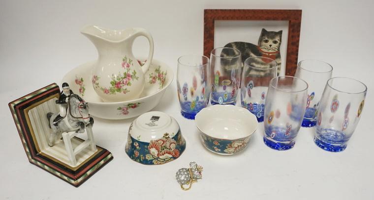 MISC. LOT INCLUDING MURANO & FITZ & FLOYD: MISC. LOT INCLUDING WOODEN CAT CUTOUT, ENGLISH WATERBOWL & PITCHER, SIX MURANO GLASS TUMBLERS, TWO 222 FITH BOWLS FITZ & FLOYD BOOKEND & A MOUSE BROOCH