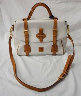 DOONEY & BOURKE FLAP TAB SATCHEL IN WHITE AND NATURAL: DOONEY & BOURKE FLAP TAB SATCHEL IN WHITE AND NATURAL, SMALL LEATHER SMUDGE BY HANDLE, NEW WITH TAGS, 14 IN X 8 1/2 IN X 3 3/4 IN