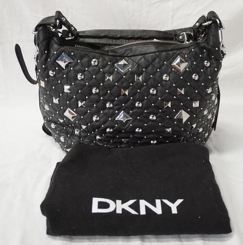 DKNY DONNA KARAN BLACK LEATHER STUDDED HOBO: DKNY DONNA KARAN BLACK LEATHER STUDDED HOBO, NEW WITH TAGS AND CLOTH STORAGE BAG, 18 IN X 13 IN X 4 IN