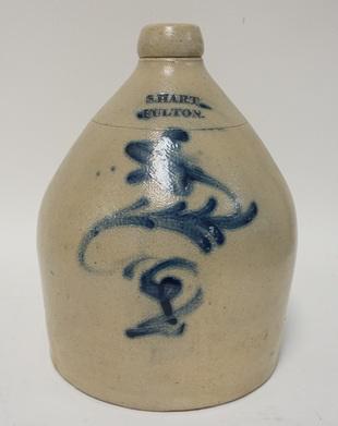 S. HART FULTON BLUE DECORATED JUG: S. HART BLUE DECORATED JUG 12 3/4 IN H