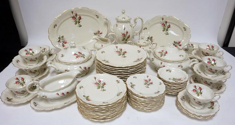 73 PIECE ROSENTHAL *POMPADOUR* DINERWARE SET: 73 PIECE ROSENTHAL *POMPADOUR* DINNERWARE SET ONE SERVING PIECE HAS BROKEN FINIAL PIECE IS INCLUDED LARGEST PLATTER IS 14 7/8 IN TEAPOT IS 11 IN H