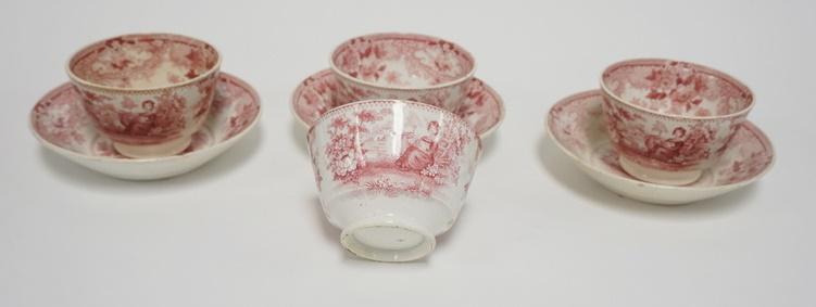 4 EARLY RED TRANSFER HANDLELESS CUPS W/ 3 DEEP SAUCERS: FOUR EARLY RED TRANSFER HANDLELESS CUPS W/ THREE DEEP SAUCERS PATTERN DEPICTS A LADY W/ TWO LAMBS IMPRESSED UNDERGLAZE ON THE SAUCER W/ THE MAKERS MARK.ONE SAUCER HAS A RIM FLAKE OONE HAS A HAIRLINE O