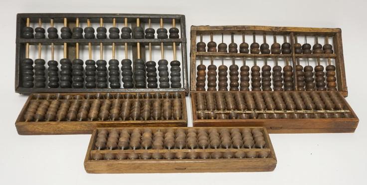 5 ASIAN ABACUSES: FIVE ASIAN ABACUSES. TWO ARE CHARACTER SIGNED LARGEST IS 15 IN X 7 1/2 IN