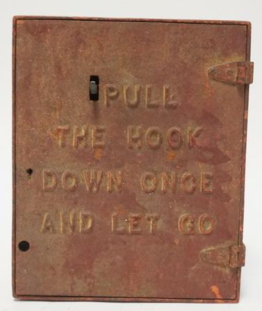 ANTIQUE CAST IRON FIRE BELL BOX: ANTIQUE CAST IRON FIRE BELL BOX 8 3/4 IN W 10 1/2 IN H 3 1/2 IN DEEP