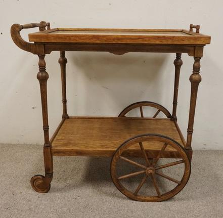 OAK TEA CART: OAK TEA CART HAS LIFT OFF GLASS TRAY TOP