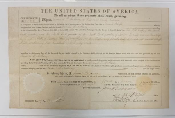 1858 LAND GRANT SIGNED BY JAMES BUCHANAN: 1858 LAND GRANT SIGNED BY JAMES BUCHANAN
