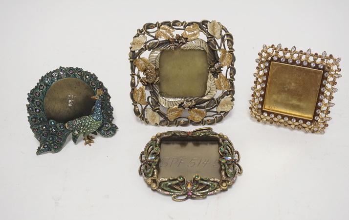 4 JAY STRONGWATER FRAMES: FOUR JAY STRONGWATER FRAMES ALL ARE SIGNED ONE IS MISSING THE BACK STAND LARGEST IS 5 IN SQ