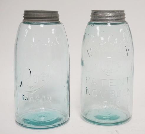 2 CANNING JARS: TWO CANNING JARS W/ ZINC LIDS; ROOT MASON & MASON'S CJ PATENT 9 1/4 IN H