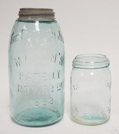 2 CANNING JARS: TWO CANNING JARS; THE MARION JAR MASON'S PATENT W/ ZINC LID & GLASSBORO TRADEMARK IMPROVED W/ NO LID. TALLEST IS 9 1/4 IN