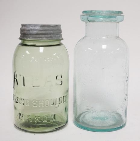 2 CANNING JARS: TWO CANNING JARS; ATLAS STRONG SHOULDER MASON IN LIGHT GREEN W/ ZINC LID & WHITALLS PATENT JUNE 18TH 1861 W/ GLASS LID BOTH LID & JAR ARE MARKED THE SAME. TALLEST IS 8 IN