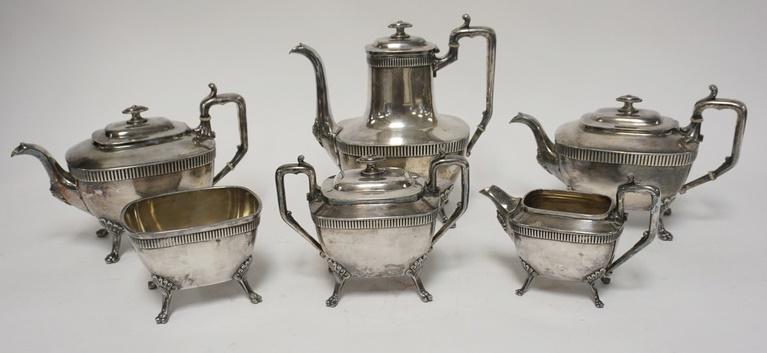 REED & BARTON 6 PIECE SILVER PLATED TEA & COFFE SET: REED & BARTON SIX PIECE SILVER PLATED TEA & COFFEE SET PATTERN 2400 DESIGN PATENT JAN 12 1869 HAS RELIEF FACES UNDER THE SPOUTS TALLEST POT IS 9 1/2 IN