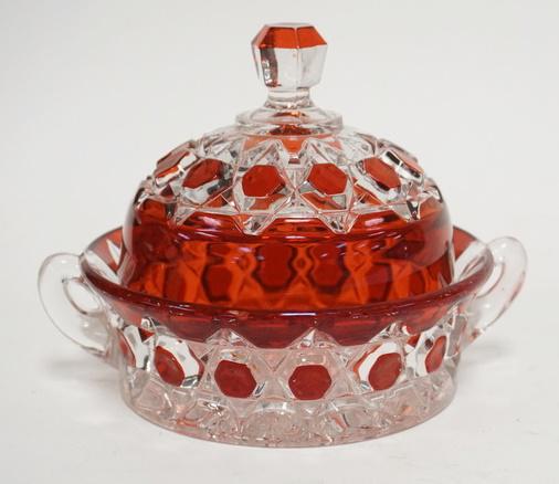 EARLY AMERICAN PATTERN GLASS RED BLOCK BUTTER DISH: EARLY AMERICAN PATTERN GLASS RED BLOCK BUTTER DISH 5 3/4 IN H