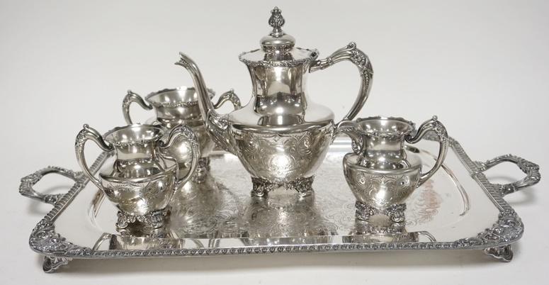 5 PIECE SILVER PLATED TEA SET: FIVE PIECE SILVER PLATED TEA SET SUPERIOR SILVER COMPANY TRAY IS CORONET
