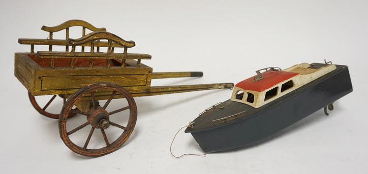TWOO WOODEN TOYS: TWO WOODEN TOYS; ANTIQUE CART & MOTOR BOAT CART IS 16 IN L