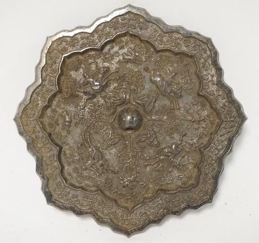 ASIAN METAL MIRROR: ASIAN METAL MIRROR W/ RELIEF SCENE OF HUNTERS ON HORSEBACK 7 1/2 IN