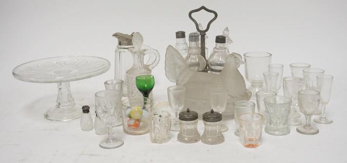 PATTERN GLASS LOT: PATTERN GLASS LOT. LOT INCLUDES CASTOR SET, SYRUP JUG, CAKE STAND, FROSTED HEN DISH, FIVE MARBLES ETC CAKE STAND 8 1/4 IN DIAMETER