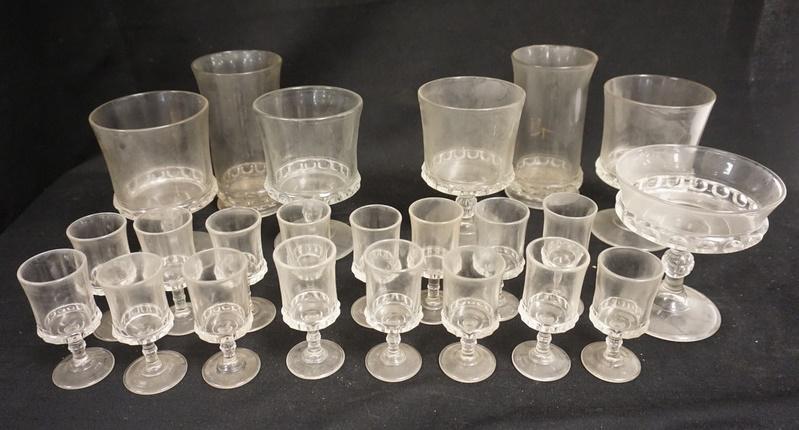 23 PIECES OF DAKOTA PATTERN GLASS: 23 PIECES OF DAKOTA PATTERN GLASS. LOT INCLUDES CELERY HOLDERS WINES ETC. TALLEST 6 3/4 IN H