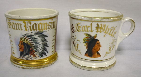 2 SHAVING MUGS W/INDIANS; C. CARL WHITE & SAM RAG: 2 SHAVING MUGS W/INDIANS; C. CARL WHITE & SAM RAGUSIN, G.B.S. CO & ROYAL CHINA; 3 1/2 IN H