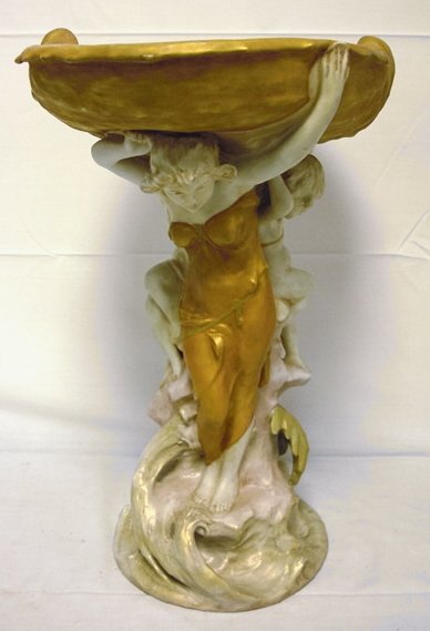 LARGE ROYAL DUX COMPOTE W/FIGURAL STEM; WOMAN & 2: LARGE ROYAL DUX COMPOTE W/FIGURAL STEM; WOMAN & 2 CHILDREN; 19 1/2 IN H, 16 1/2 IN X 11 1/2 IN TOP