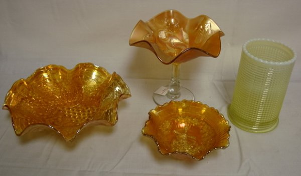 4 PC LOT; CARNIVAL & OPALESCENT GLASS; IMPERIAL G: 4 PC LOT; CARNIVAL & OPALESCENT GLASS; IMPERIAL GRAPE RUFFLED BOWL, IRIS COMPOTE, WINDMILL SM BOWL & VASELINE OPALESCENT CELERY HOLDER