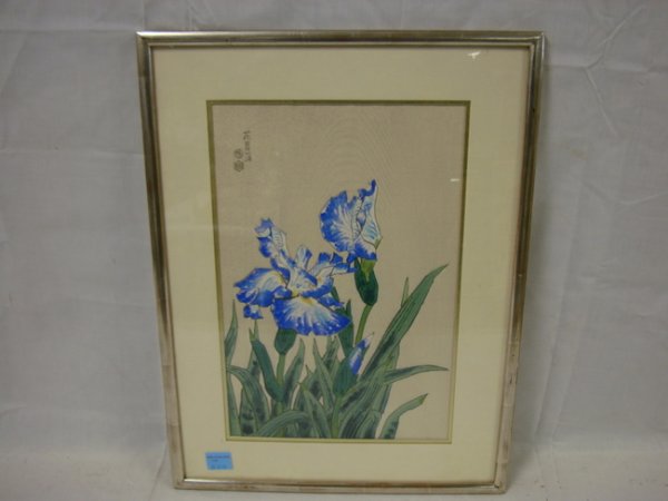 JAPANESE WOODBLOCK PRINT; FLORAL W/IRISES; SIGNED : JAPANESE WOODBLOCK PRINT; FLORAL W/IRISES; SIGNED UPPER LEFT; 10 IN X 15 IN