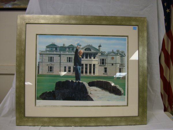 HAND SIGNED, *ARNOLD PALMER* & ARTIST *HELEN RUNF: HAND SIGNED, *ARNOLD PALMER* & ARTIST *HELEN RUNFELL 84/500*; *PALMERS FAREWELL TO OPEN*; 23 IN X 30 IN; FRAMED, MATTED & GLAZED