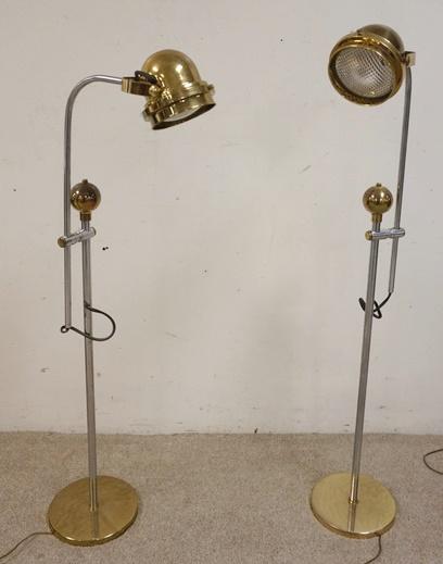 PAIR OF MID CENTURY MODERN BRASS & CHROME FLOOR LAMPS: PAIR OF MID CENTURY MODERN BRASS & CHROME FLOOR LAMPS, ADJUSTABLE, WEIGHTED BASES, 42 TO 61 IN HIGH