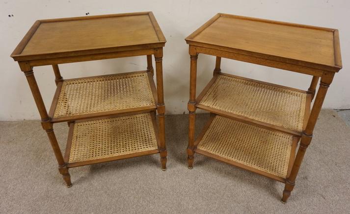 PAIR OF LAMP TABLES W/CANED SHELVES: PAIR OF LAMP TABLES W/CANED SHELVES, 21 IN X 15 3/4 IN X 29 IN HIGH