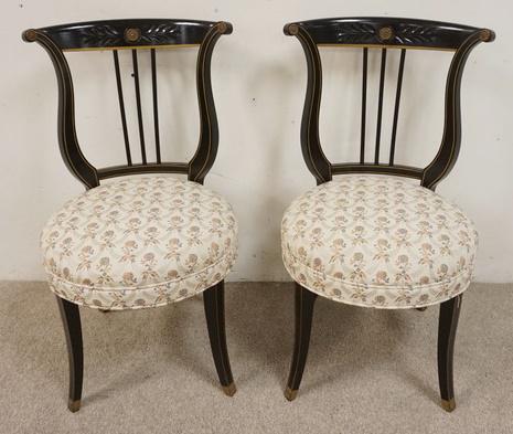 PAIR OF LYRE BACK EBONIZED CHAIRS: PAIR OF LYRE BACK EBONIZED CHAIRS, HAVE BRASS ROSETTES & INTAGLIO CARVING ON THE BACKS, 19 IN HIGH TO SEAT
