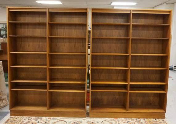 2 MID CENTURY MODERN DANISH BOOKCASES: 2 MID CENTURY MODERN DANISH BOOKCASES, EACH IS 54 1/2 IN WIDE X 73 3/4 IN HIGH X 12 IN DEEP, HAS LIGHTING, HAS CHAMFERED EDGES
