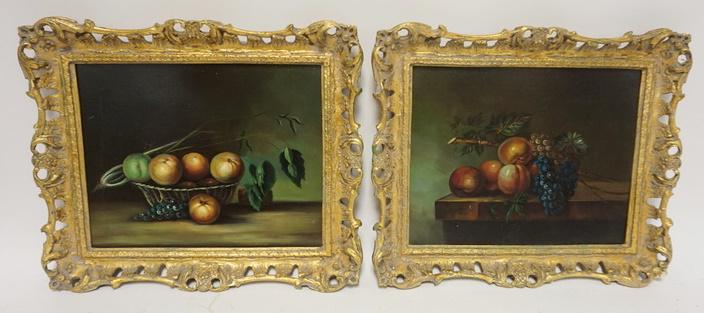 2 FRUIT STILL LIFE PAINTINGS COPIED FROM JOHN JOHNSTON: 2 FRUIT STILL LIFE PAINTINGS COPIED FROM JOHN JOHNSTON IN PHILADELPHIA CHIPPENDALE STYLE FRAMES, FROM CHELSEA HOUSE, 15 IN X 12 1/2 IN INCLUDING FRAMES, ONE FRAME HAS A CHIP ON THE CORNER