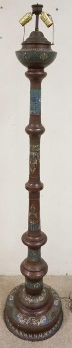 ANTIQUE BRONZE AND CLOISONNE FLOOR LAMP: ANTIQUE BRONZE AND CLOISONNED FLOOR LAMP, 66 IN HIGH