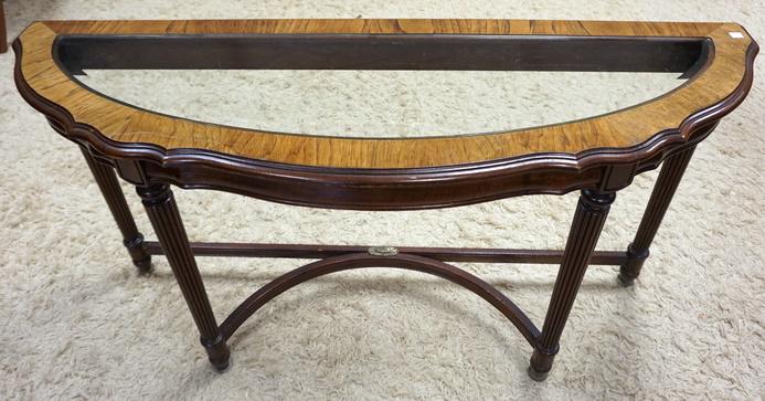 MAHOGANY DEMI LUNE CONSOLE TABLE: MAHOGANY DEMI LUNE CONSOLE TABLE WITH REEEDED LEGS AND BEVELLED GLASS INSET TOP, 52 IN WIDE X 16 IN DEEP X 28 1/2 IN HIGH