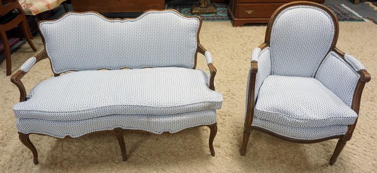 FRENCH PROVINCIAL LOVESEAT AND ARM CHAIR: FRENCH PROVINCIAL LOVESEAT AND ARM CHAIR, SOME STAINING ON LOVESEAT FABRIC