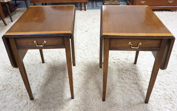 PAIR OF DROP LEAF OCCASIONAL TABLES: PAIR OF DROP LEAF OCCASIONAL TABLES WITH 1 DRAWER BANDED TOPS AND TAPPERED LEGS, 38 IN OPEN X 24 IN DEEP X 25 IN HIGH