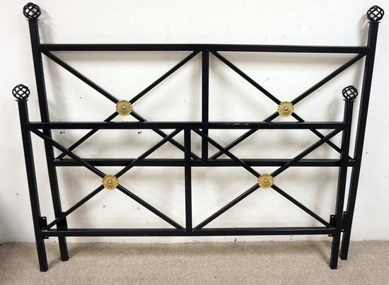 BLACK IRON QUEEN SIZE BED WITH BRASS ROSETTES: BLACK IRON QUEEN SIZE BED WITH BRASS ROSETTES