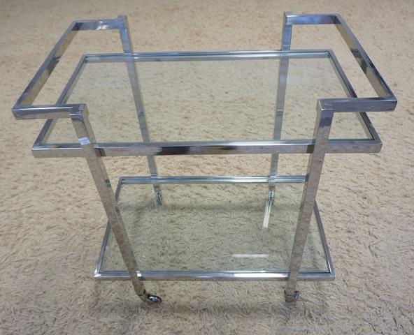 CHROME & GLASS TEA CART: CHROME & GLASS TEA CART, 29 3/4 IN X 19 1/2 IN X 31 IN HIGH, GLASS HAS A LIGHT SMOKE TINT