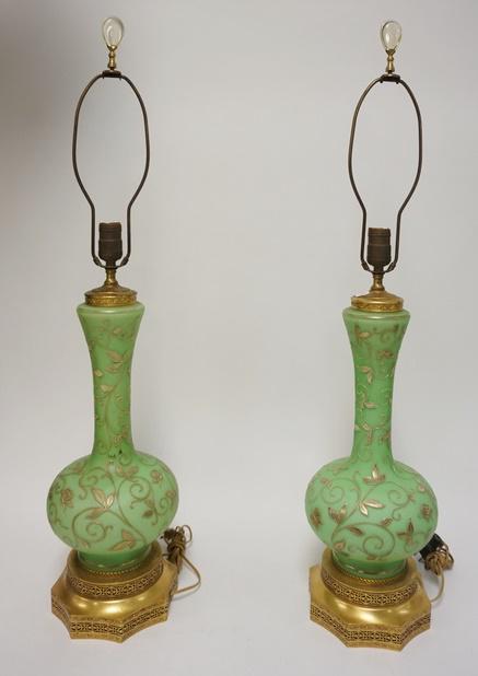 PAIR OF MID CENTURY SATIN FINISH GLASS LAMPS: PAIR OF MID CENTURY SATIN FINISH GLASS LAMPS, PAINTED LEAF & FLOWER DESIGN, 35 IN HIGH