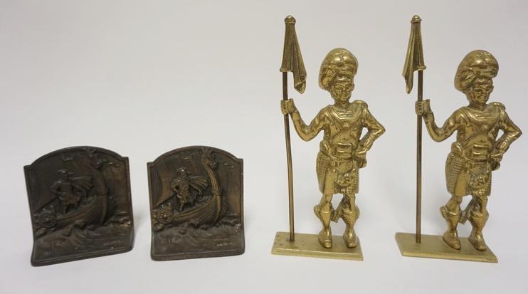 2 PAIR OF BOOKENDS-FIGURAL ENGLISH BRASS & CAST IRON: 2 PAIR OF BOOKENDS-FIGURAL ENGLISH BRASS & CAST IRON, IRON BOOKENDS HAVE A VIKING SHIP