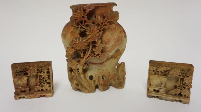 GROUP OF 3 SOAPSTONE CARVINGS: GROUP OF 3 SOAPSTONE CARVINGS, LARGEST IS 6 IN WIDE X 7 1/2 IN TALL